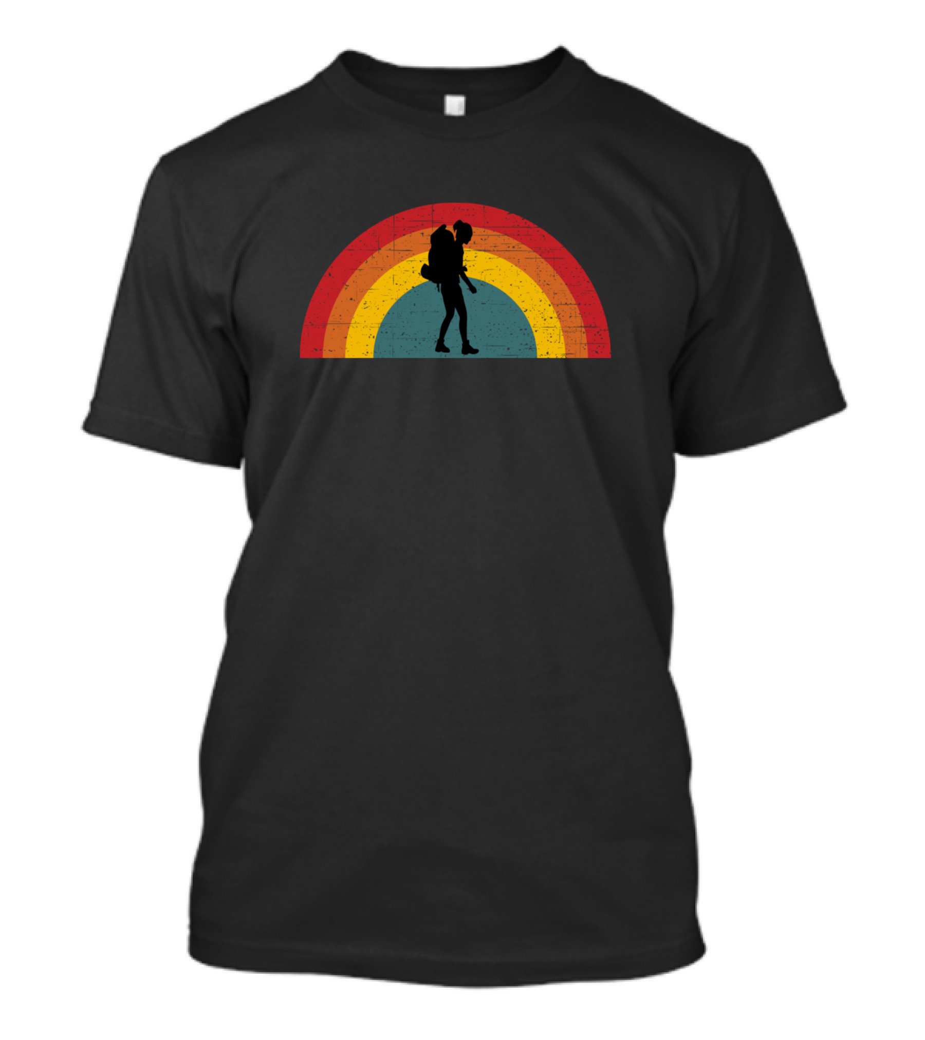Woman Backpacker Hiker Silhouette Vintage Half Circle Rainbow Sunset T-Shirt