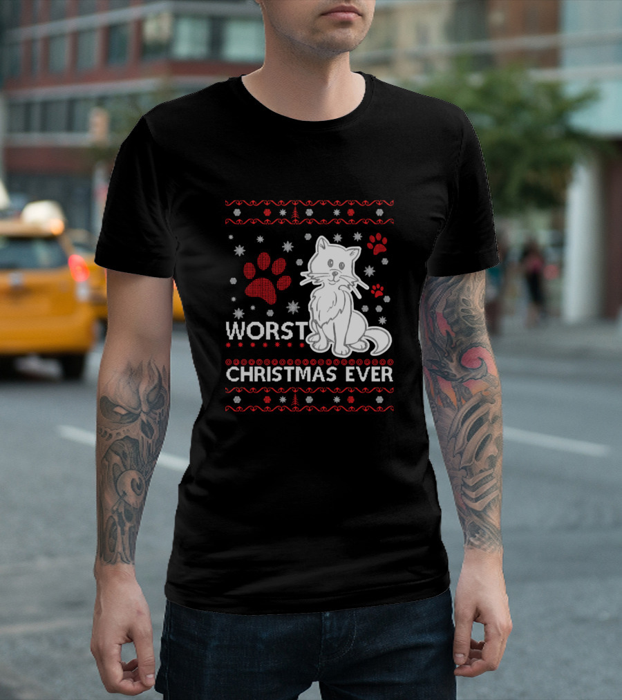 Worst Christmas Ever Cat Paw Print Holiday T-Shirt