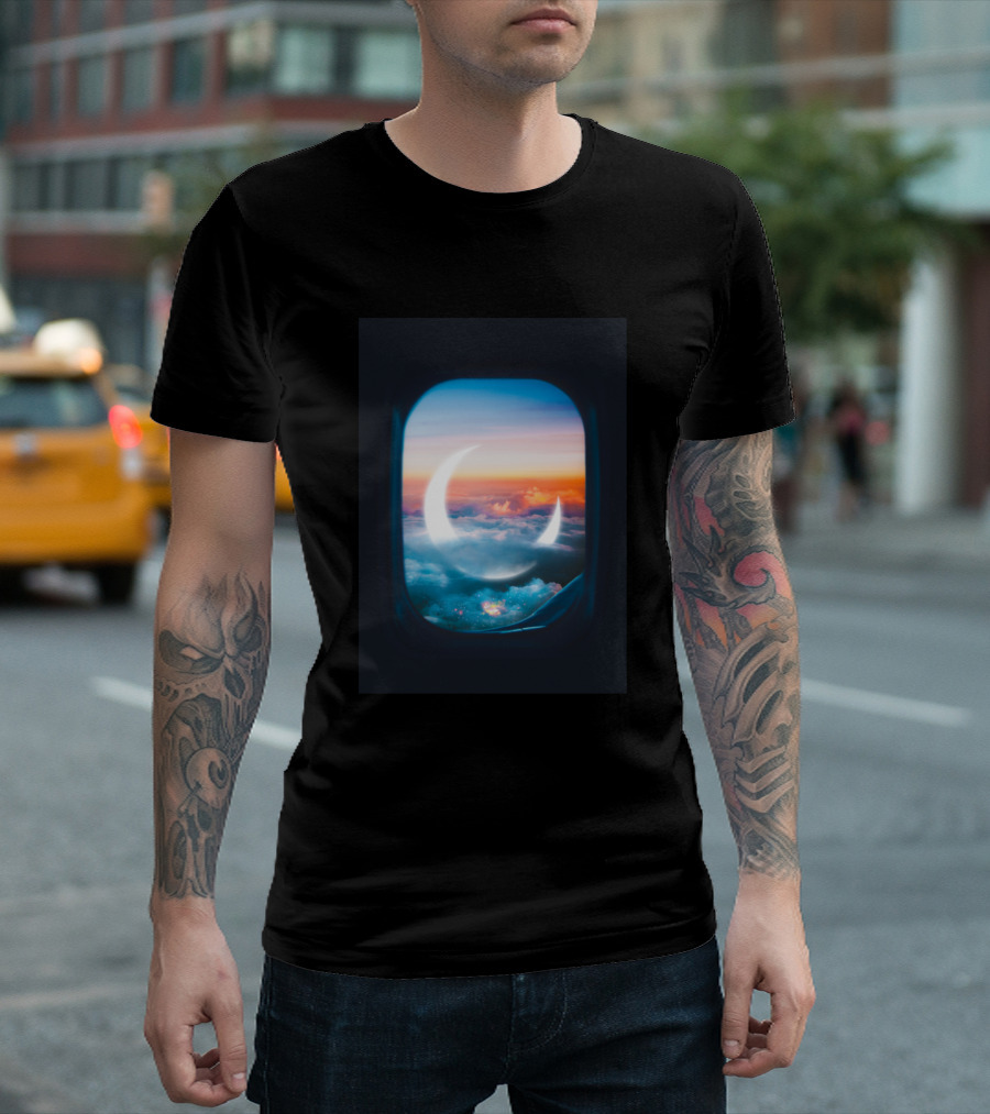 Bliss Airplane Window Crescent Moon Above Clouds T-Shirt