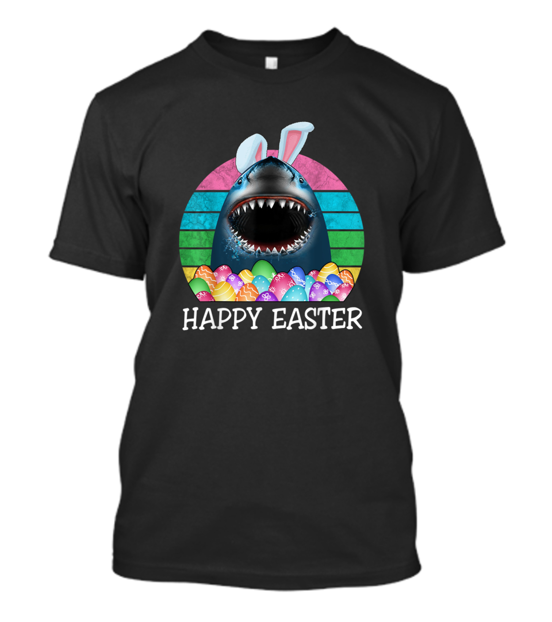 Happy Easter Shark Rainbow Bunny Ears Colorful Eggs T-Shirt