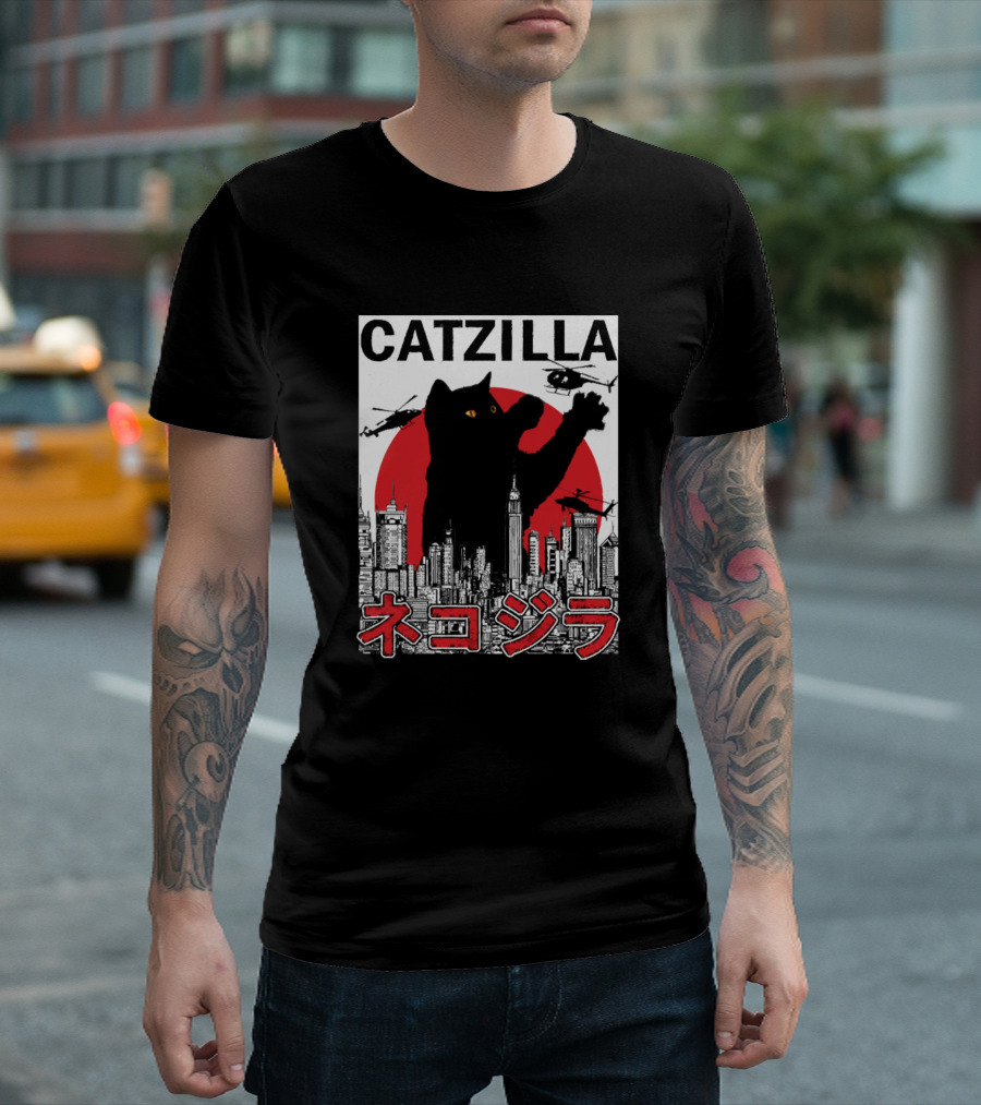 CATZILLA Giant Cat Over City with Helicopters Red Sun T-Shirt