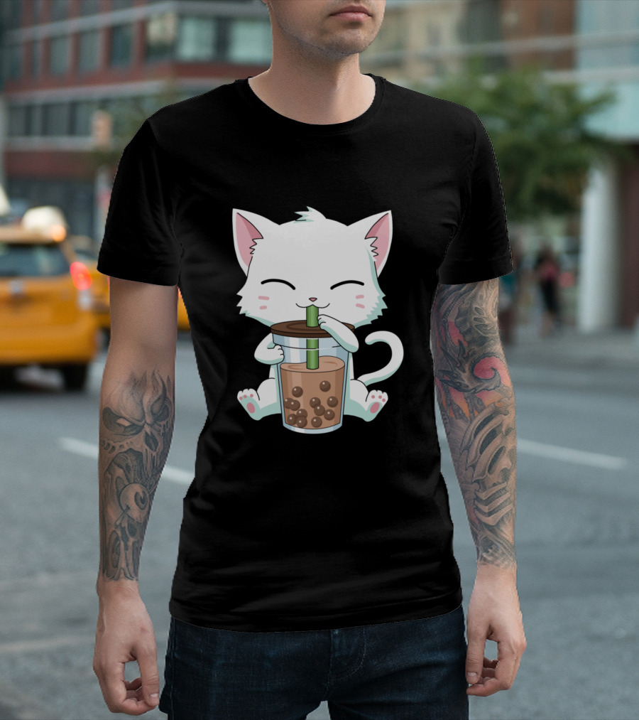 Kawaii Cat with Bubble Tea Boba Milk Anime T-Shirt