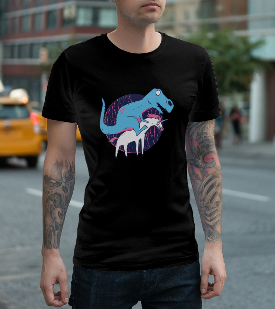 Dinosaur Riding Unicorn Retro Style Circle Background T-Shirt