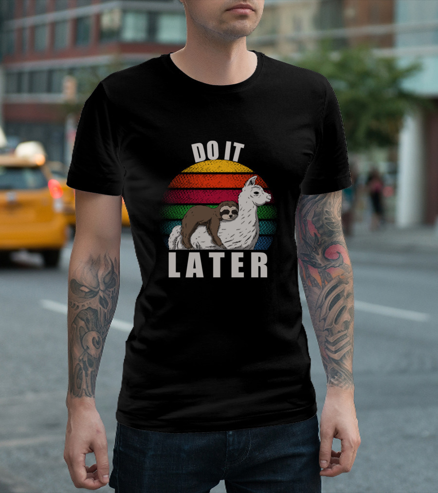 Do It Later Llama Sloth Retro Sunset T-Shirt