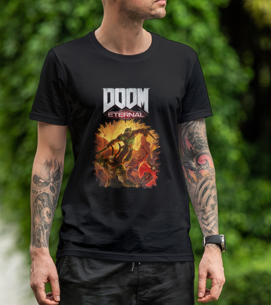 DOOM Eternal Action-Packed Demonic Battle Scene T-Shirt