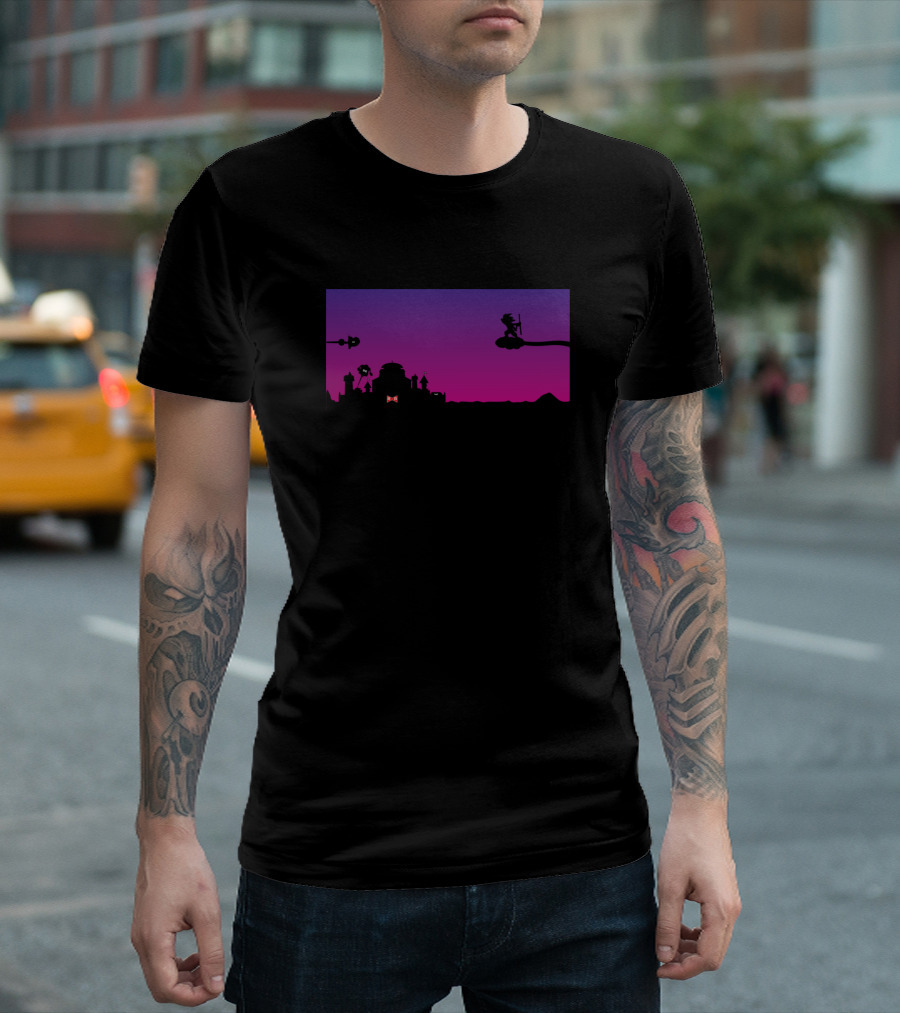 Goku Vs Red Silhouette Battle at Sunset Urban Skyline T-Shirt