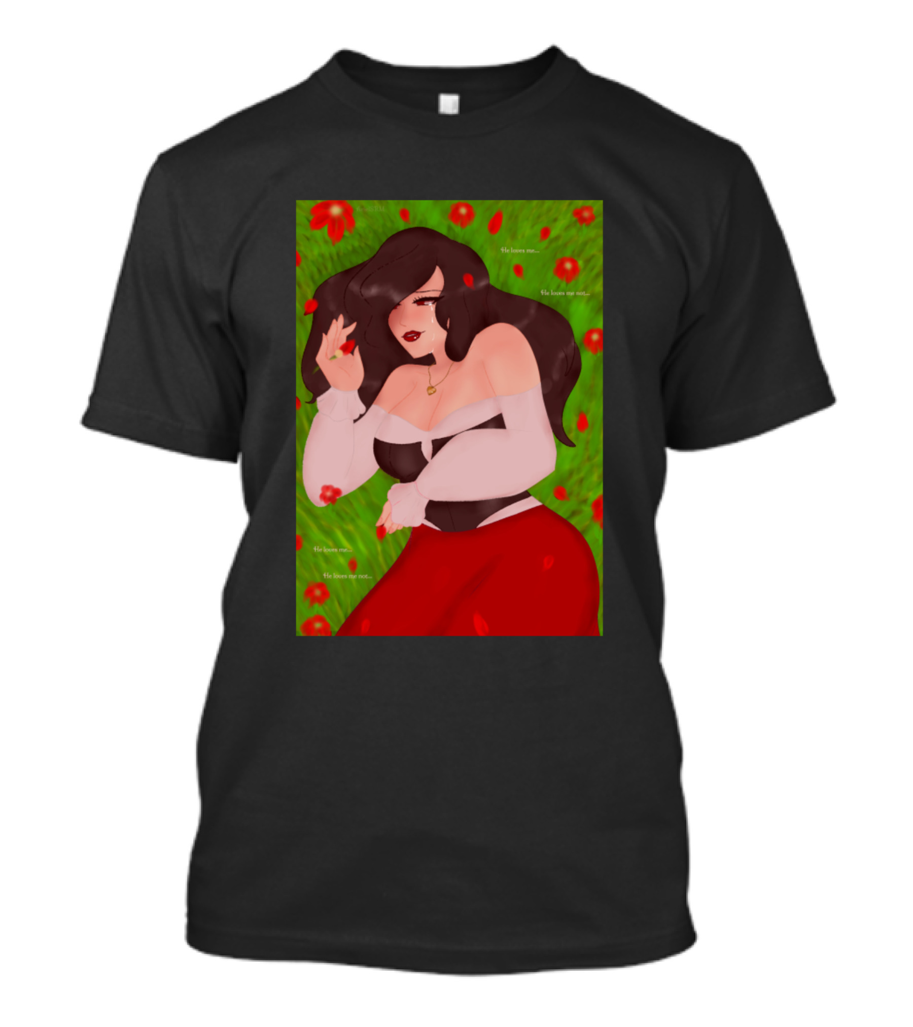 He Loves Me He Loves Me Not Romantic Illustration With Red Flowers And Woman In Red Skirt T-Shirt