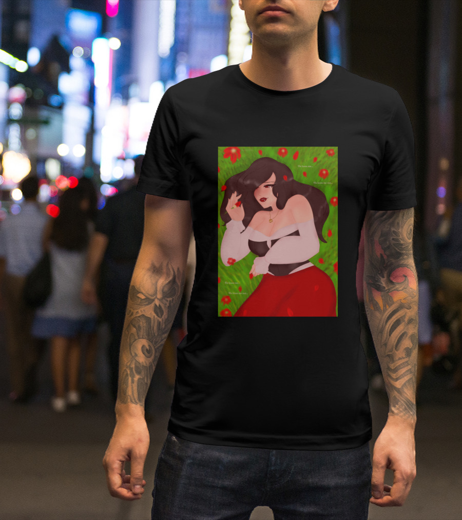 He Loves Me He Loves Me Not Romantic Illustration With Red Flowers And Woman In Red Skirt T-Shirt