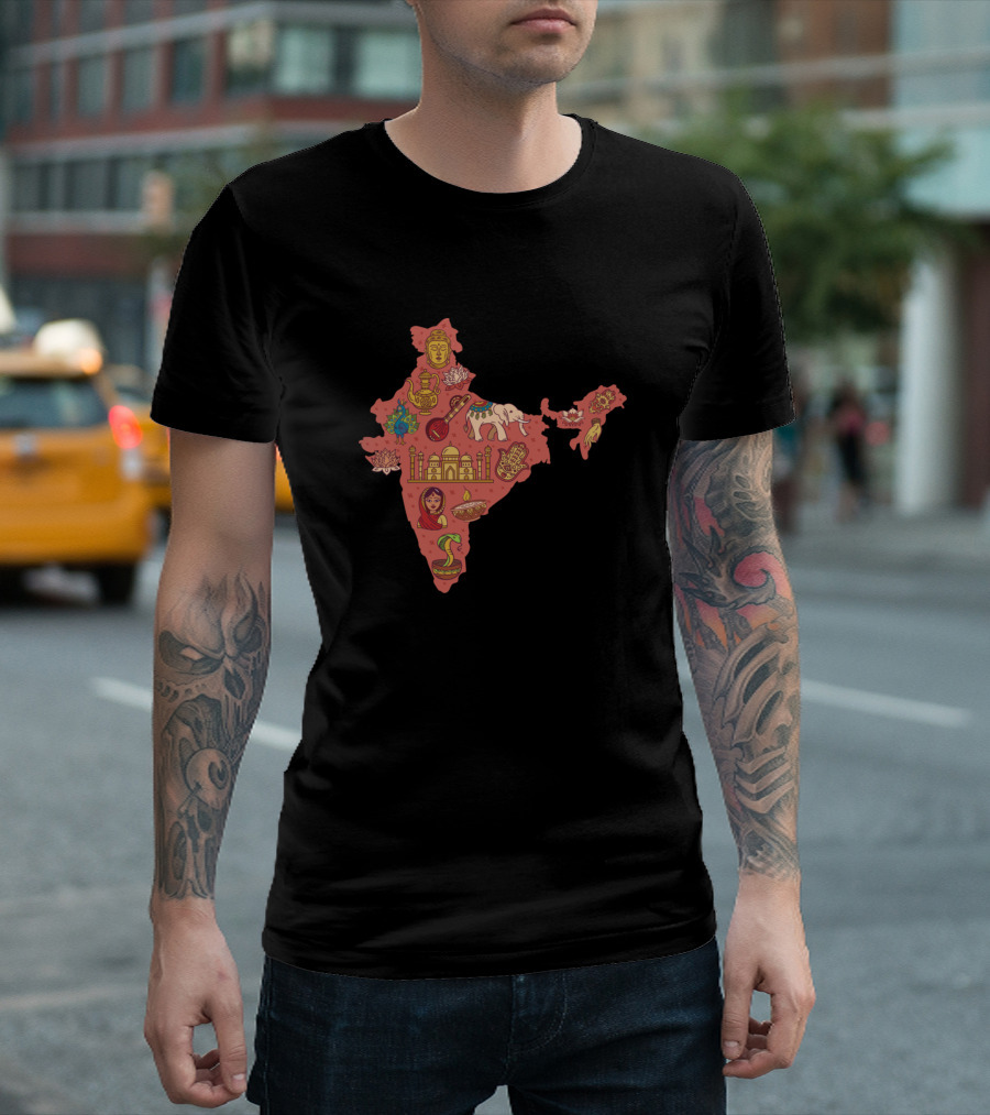 India Map Icons Elephant Taj Mahal Buddha Lotus Sitar Cobra T-Shirt