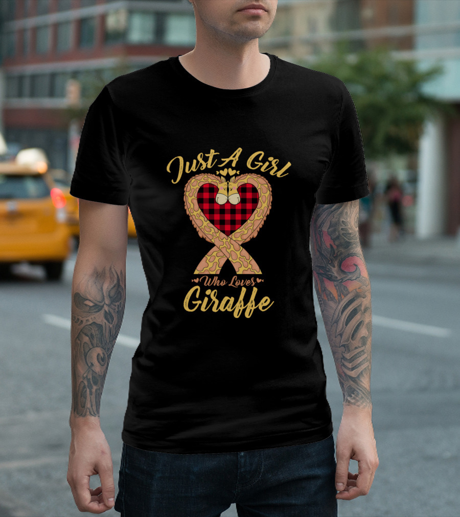 Just A Girl Who Loves Giraffes Heart Ribbon With Plaid T-Shirt