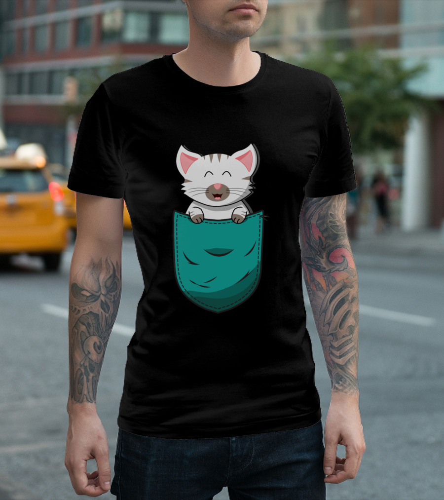 White Baby Cat Kitten In Pocket T-Shirt
