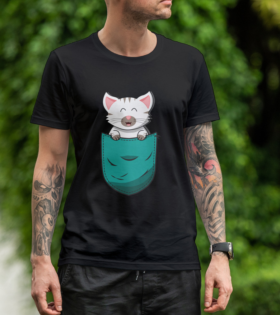 White Baby Cat Kitten In Pocket T-Shirt