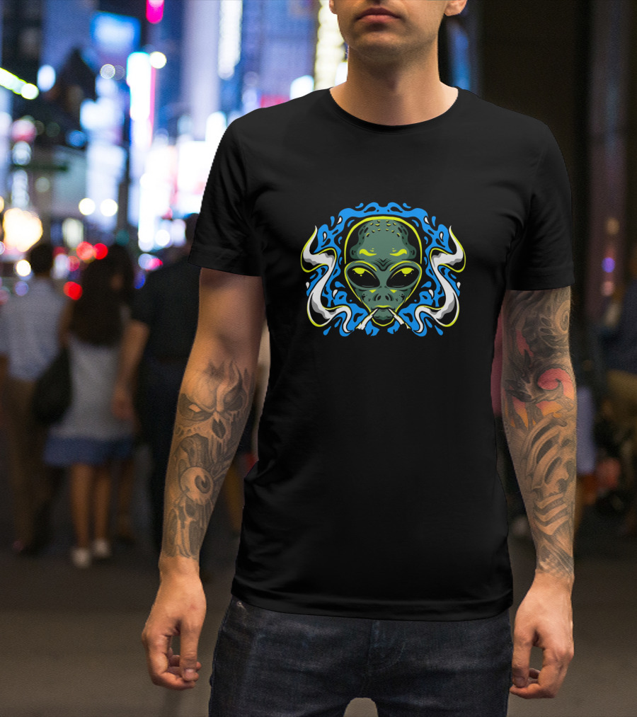 Alien Smoking Blue Cosmic Smoke Face T-Shirt