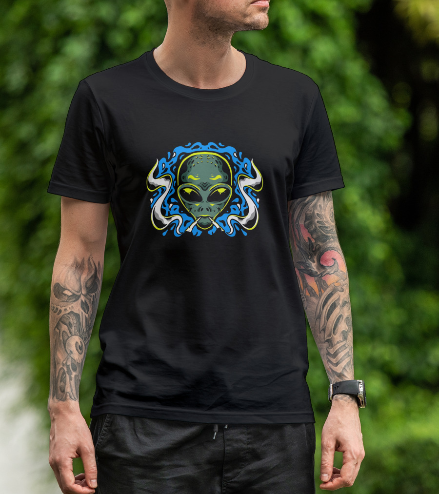 Alien Smoking Blue Cosmic Smoke Face T-Shirt