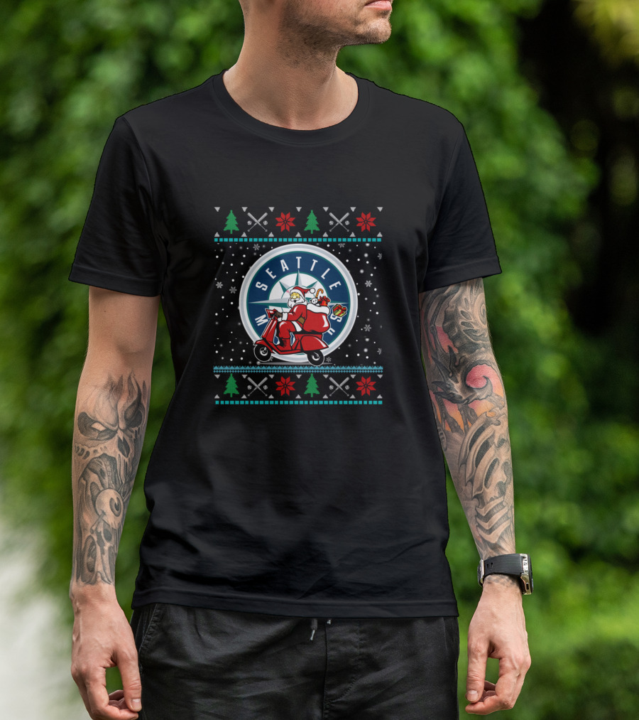 Seattle Mariners Funny Christmas Santa Scooter Baseball Team T-Shirt