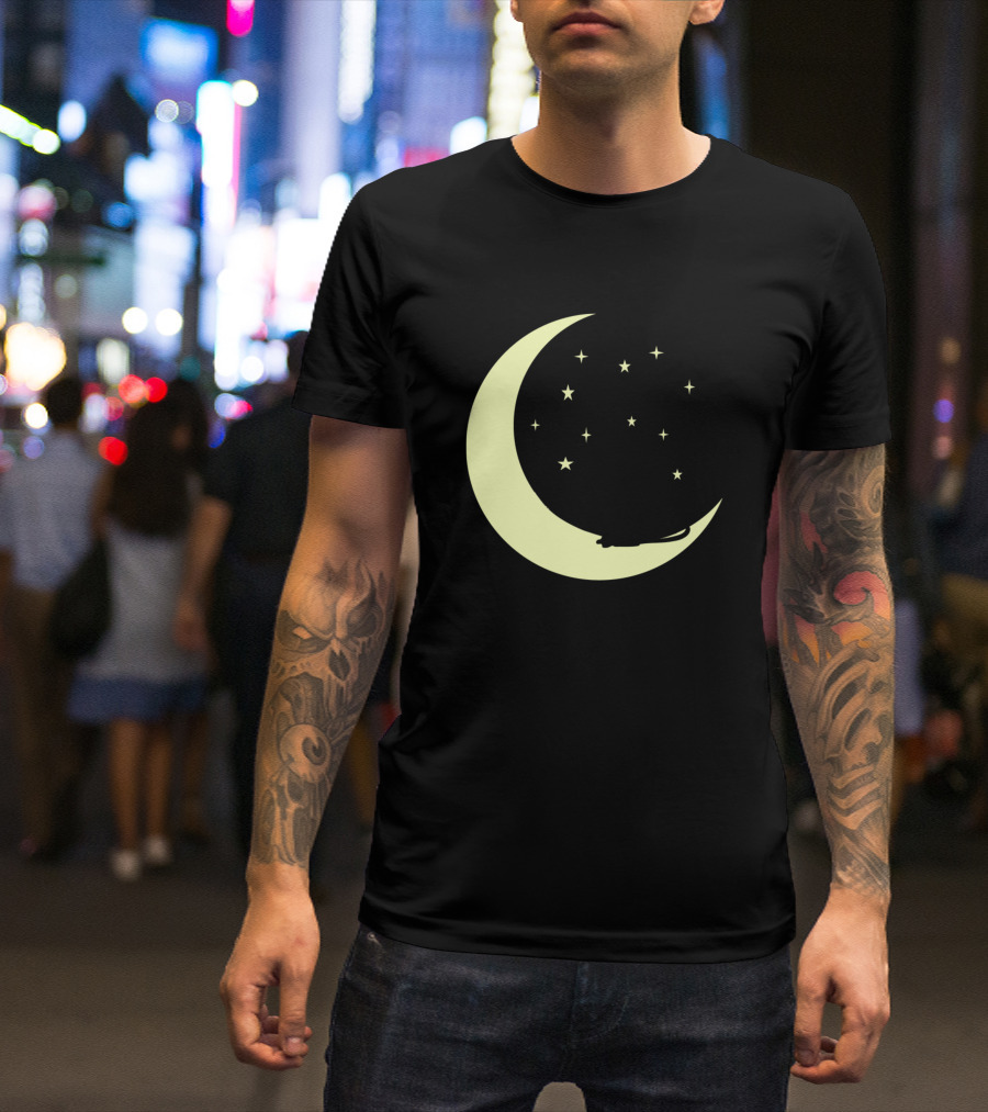 Cat Sitting On Crescent Moon Surrounded By Stars In Night Sky T-Shirt