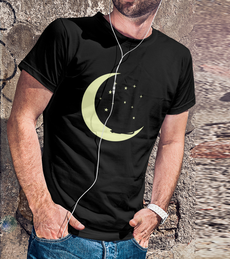 Cat Sitting On Crescent Moon Surrounded By Stars In Night Sky T-Shirt
