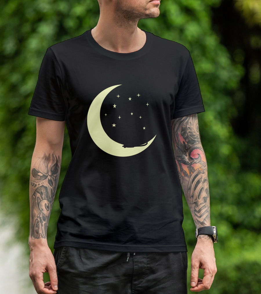 Cat Sitting On Crescent Moon Surrounded By Stars In Night Sky T-Shirt