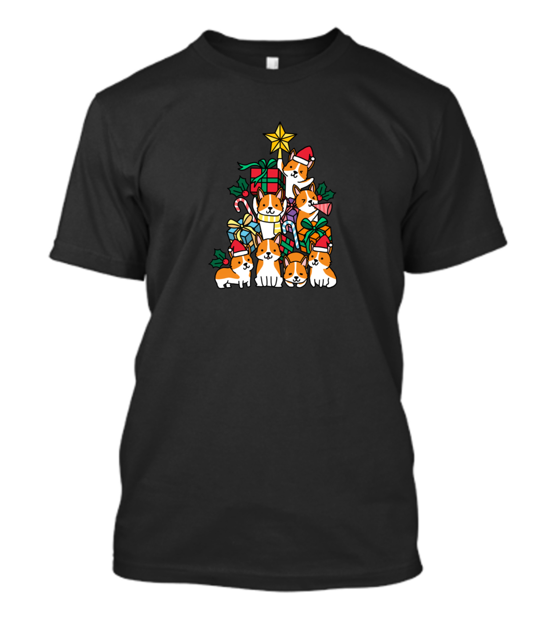 Corgi Santa Hat Holiday Stack With Gifts And Candy Canes T-Shirt