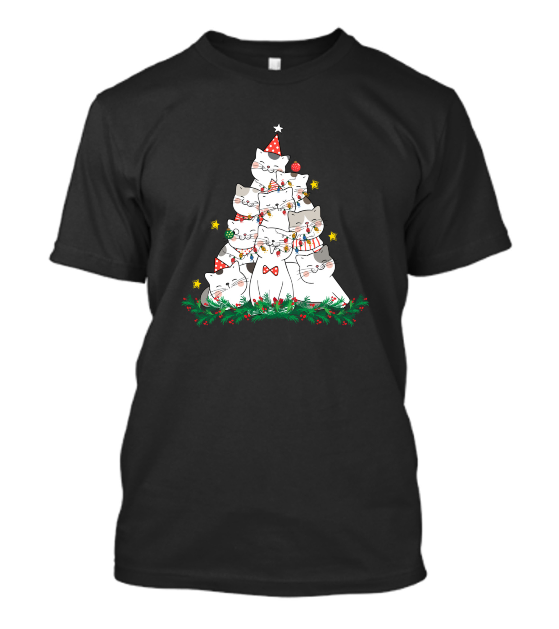Cute Festive Cat Pyramid With Star And Holiday Lights T-Shirt