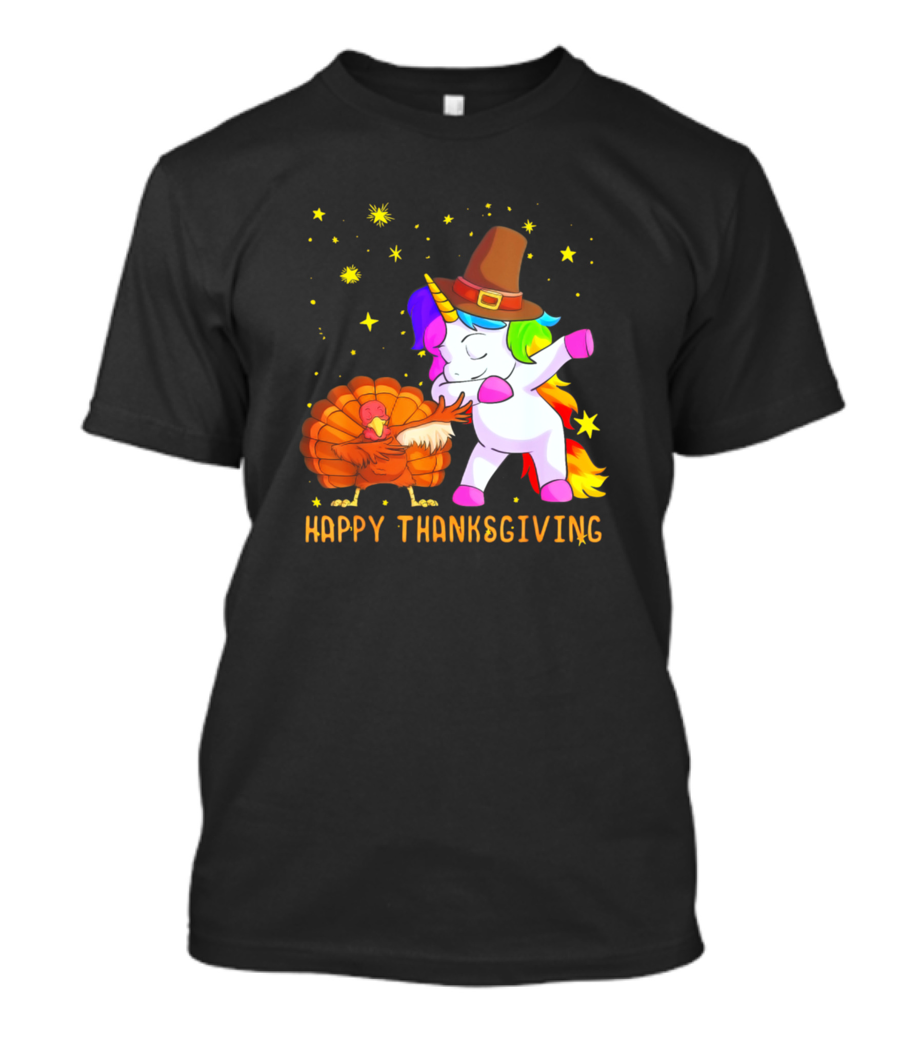 Happy Thanksgiving Cute Unicorn Pilgrim And Turkey With Stars T-Shirt