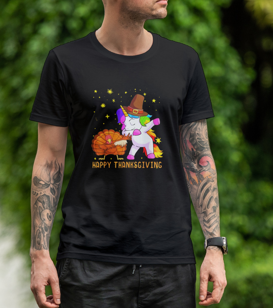 Happy Thanksgiving Cute Unicorn Pilgrim And Turkey With Stars T-Shirt