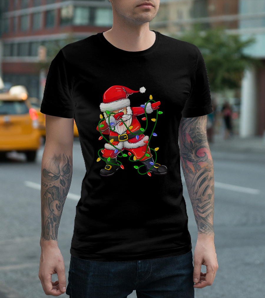 Dabbing Santa Wrapped in Colorful Christmas Tree Lights T-Shirt