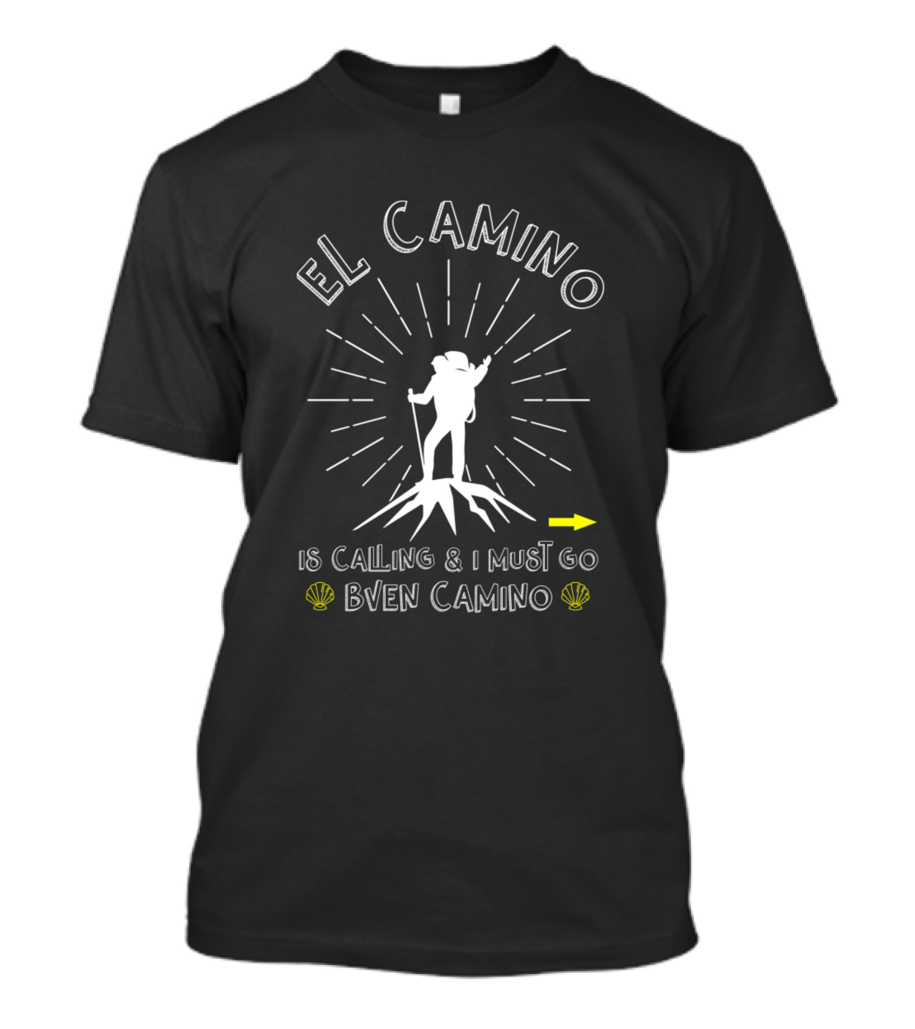 El Camino Is Calling And I Must Go Buen Camino Pilgrim Journey With Backpacker Silhouette And Shell Icons T-Shirt