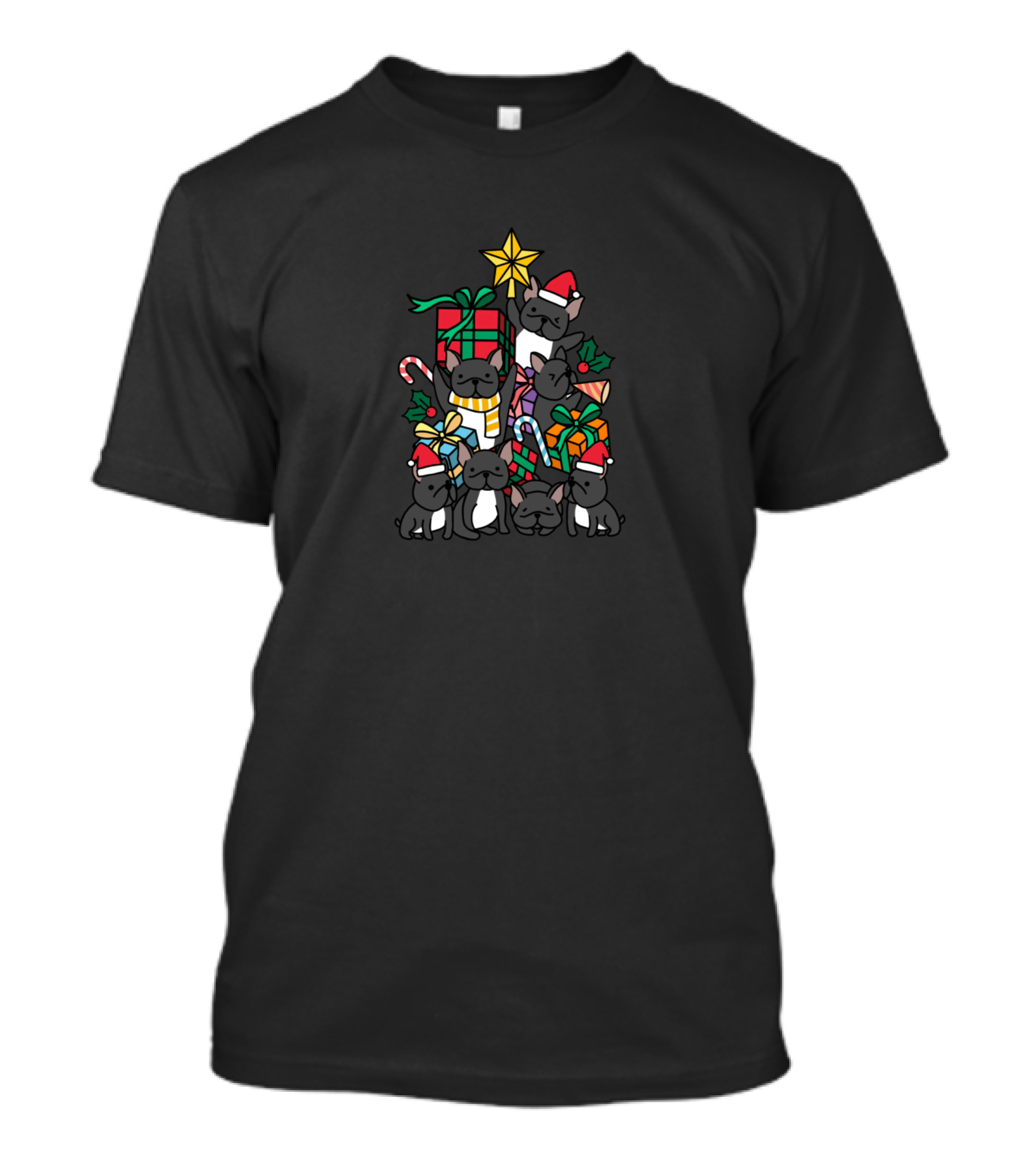 French Bulldog Festive Christmas Tree Santa Hats And Gifts T-Shirt