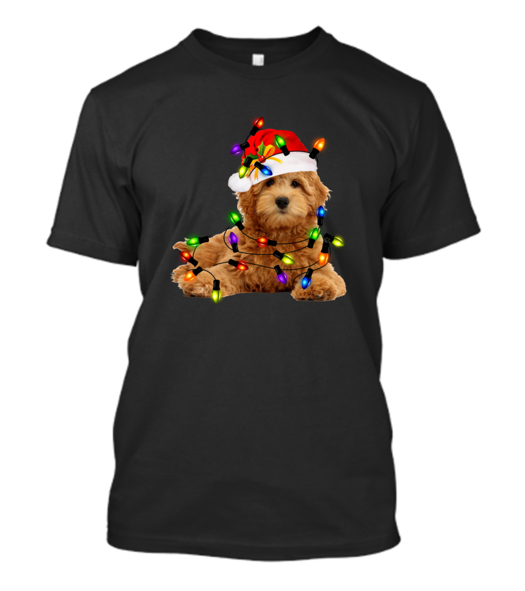 Goldendoodle In Santa Hat With Christmas Lights T-Shirt