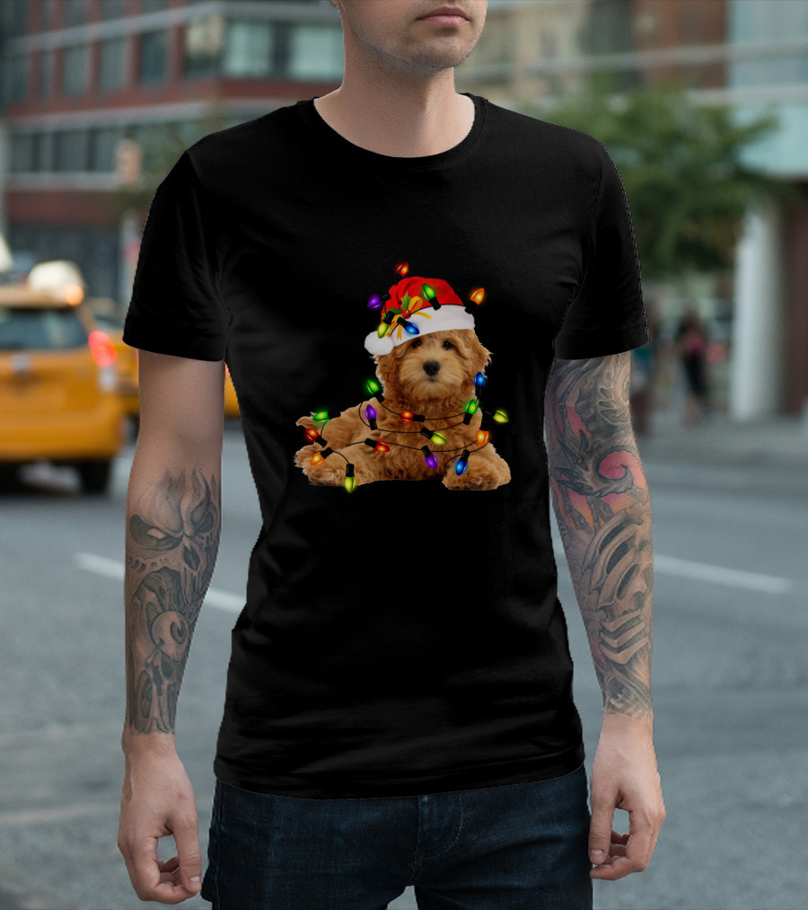 Goldendoodle In Santa Hat With Christmas Lights T-Shirt