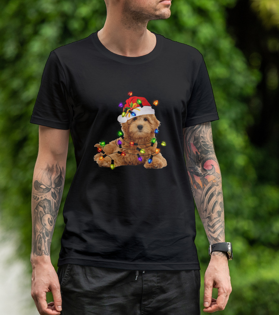 Goldendoodle In Santa Hat With Christmas Lights T-Shirt
