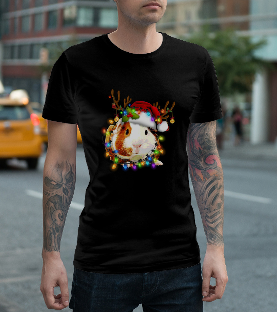 Christmas Guinea Pig with Santa Hat and Reindeer Antlers Surrounded by Colorful Lights T-Shirt
