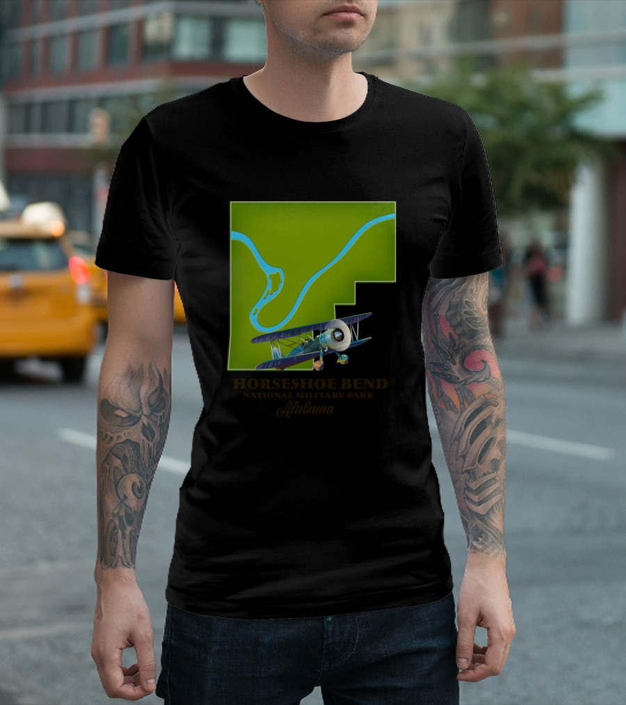 Horseshoe Bend National Military Park Alabama With Airplane And River Map T-Shirt