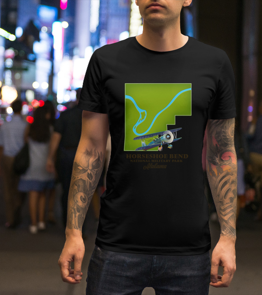 Horseshoe Bend National Military Park Alabama With Airplane And River Map T-Shirt