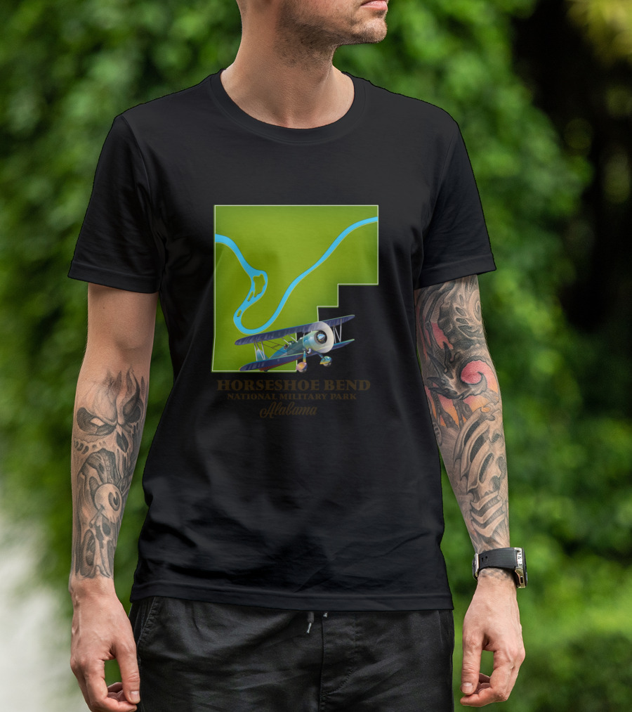 Horseshoe Bend National Military Park Alabama With Airplane And River Map T-Shirt