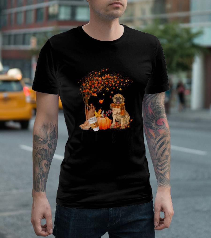 It's Fall Y'all Mastiff Dog with Autumn Leaves Pumpkin Coffee and Cowboy Boots T-Shirt