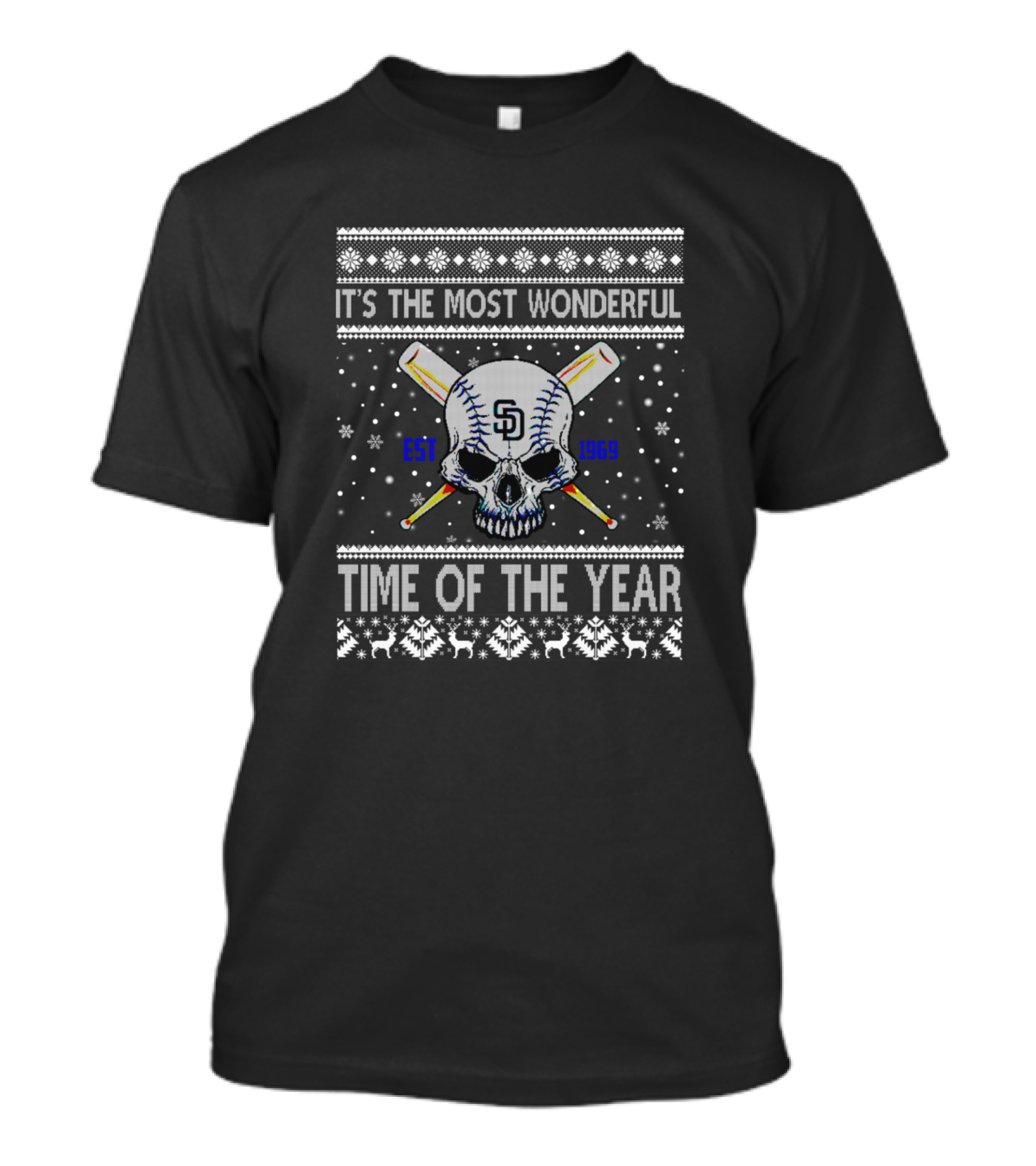 It's The Most Wonderful Time Of The Year San Diego Skull Baseball Bats Est 1969 Snowflakes T-Shirt
