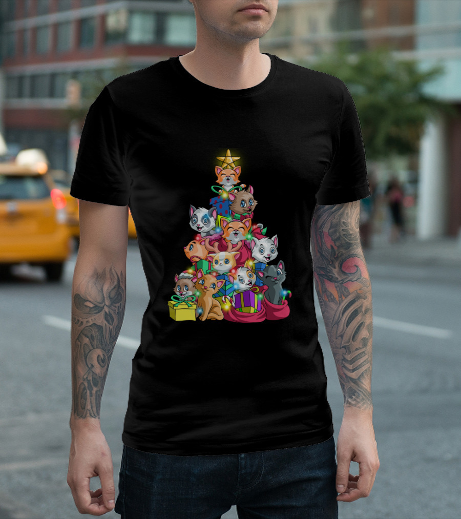 Meowy Xmas Funny Cat Tree Ugly Christmas Lights Cat Stack with Star and Presents T-Shirt