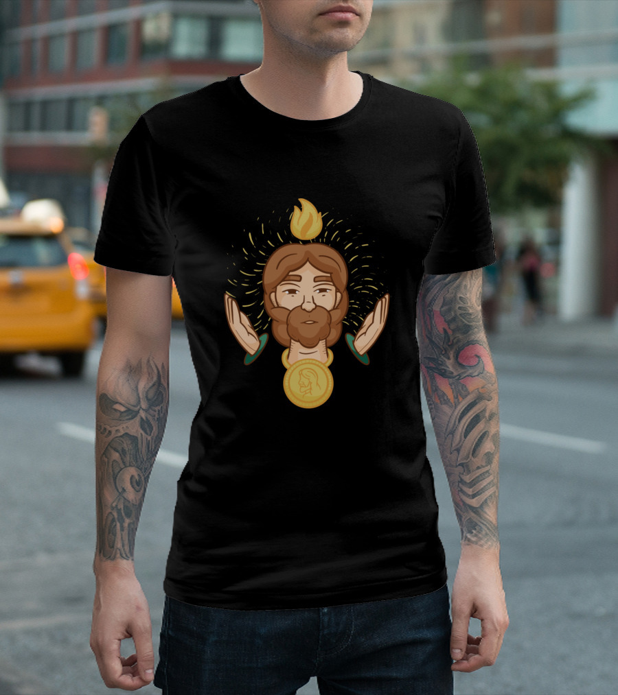 St Jude Iconic Saint Medallion with Fire and Hands Raised T-Shirt