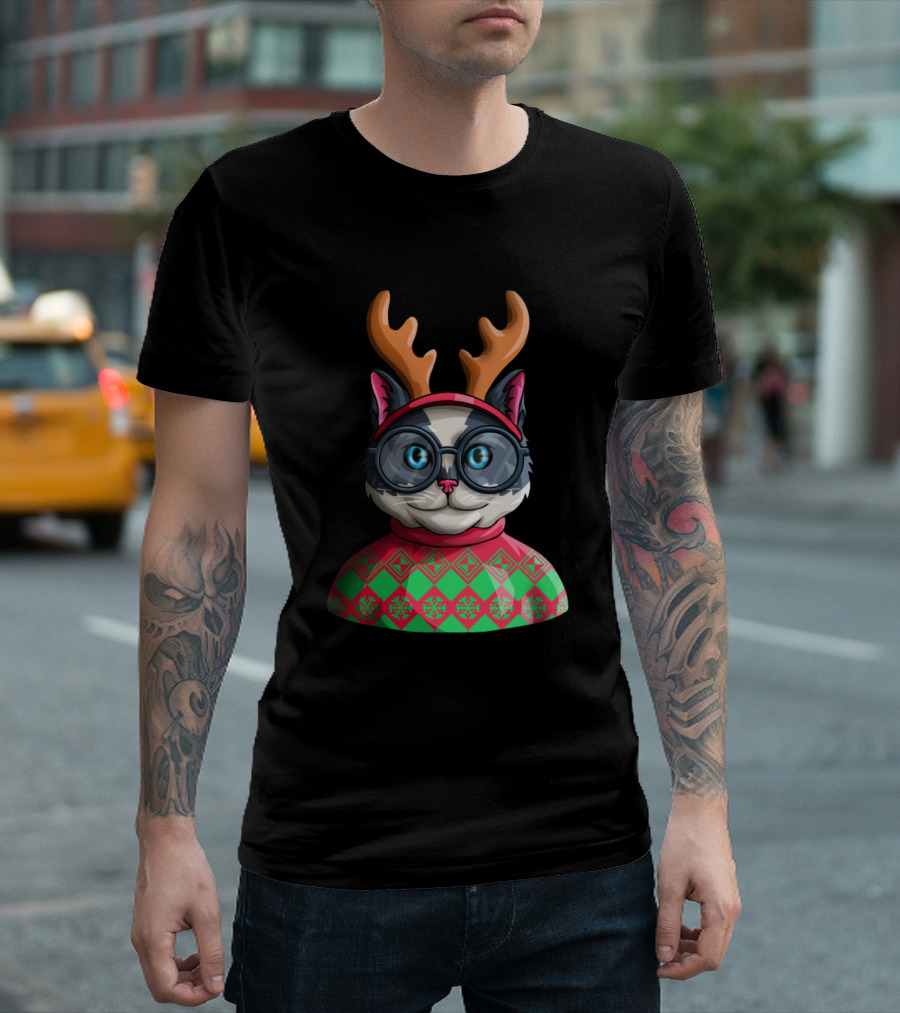 Ugly Christmas Cat Kitty Meeowee Catmas Reindeer Antlers Sweater Glasses T-Shirt