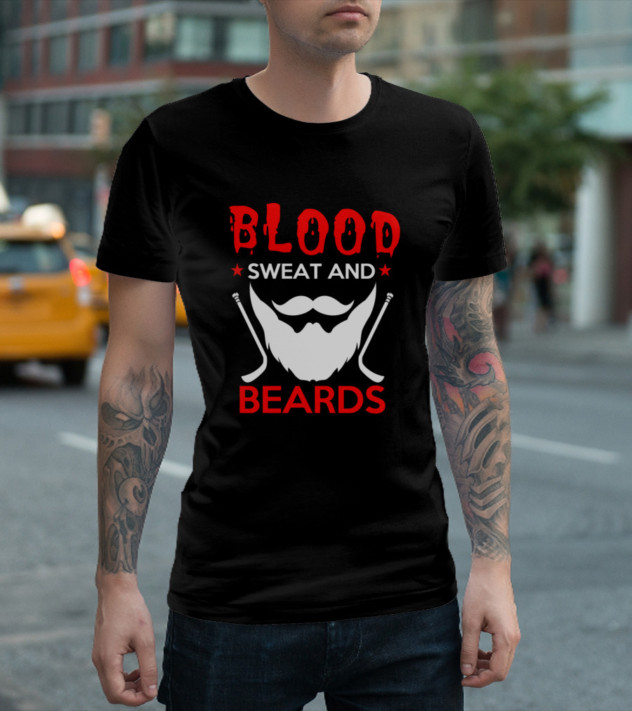 Blood Sweat and Beards Awesome Beard Lover with Mustache and Hockey Sticks T-Shirt