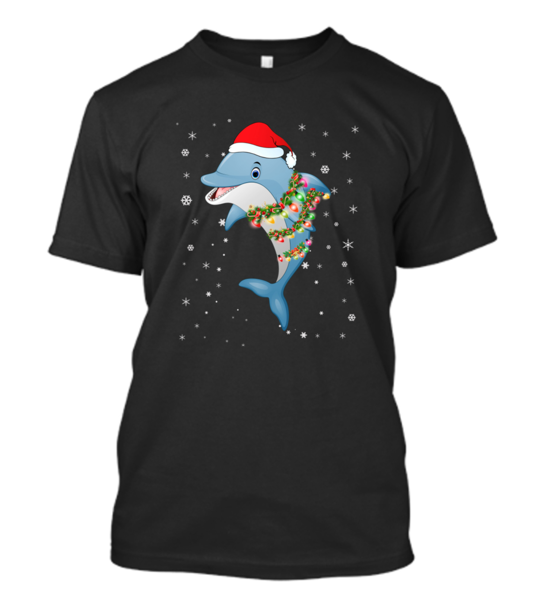 Dolphin Wearing Santa Hat With Christmas Lights And Snowflakes T-Shirt