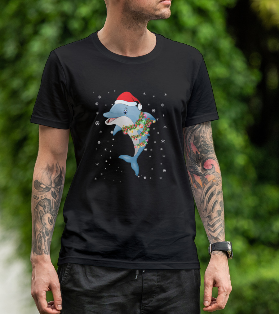 Dolphin Wearing Santa Hat With Christmas Lights And Snowflakes T-Shirt