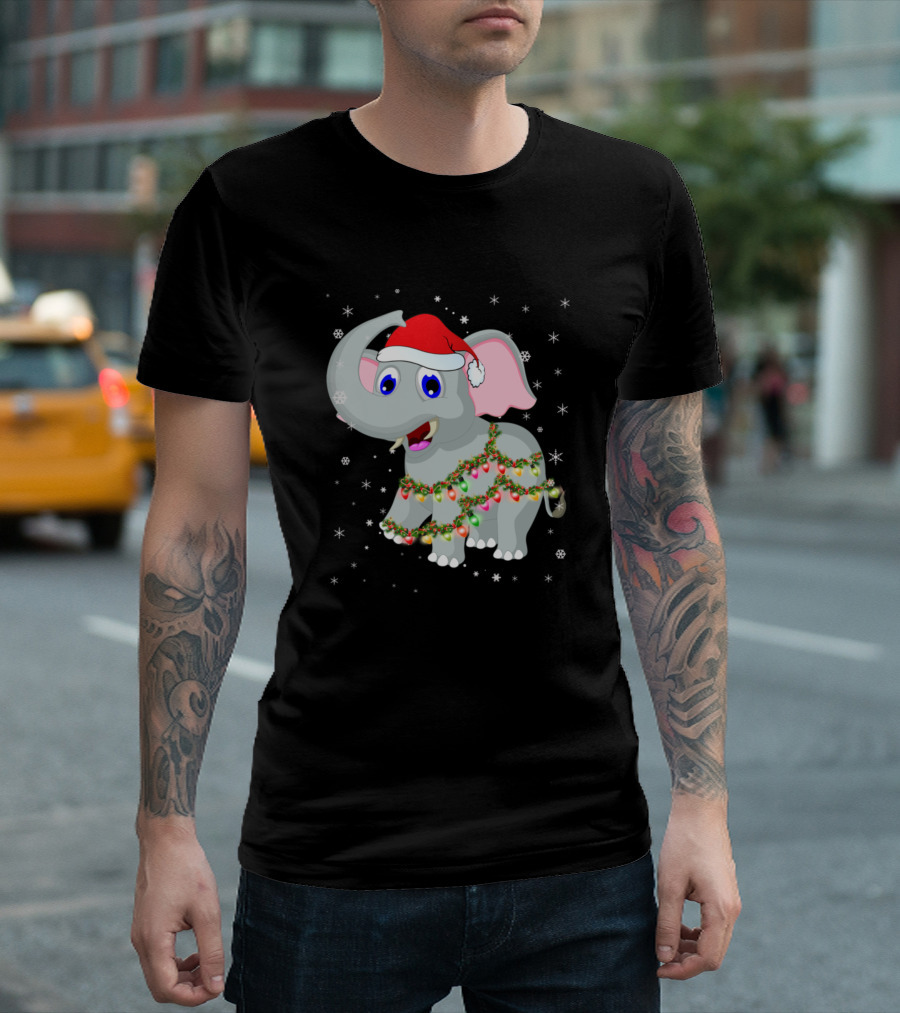 Elephant Christmas Lights Santa Hat Snowflakes T-Shirt