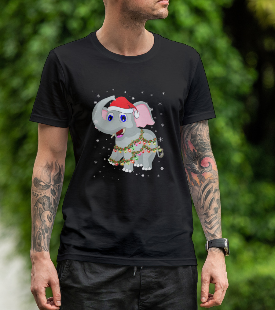 Elephant Christmas Lights Santa Hat Snowflakes T-Shirt