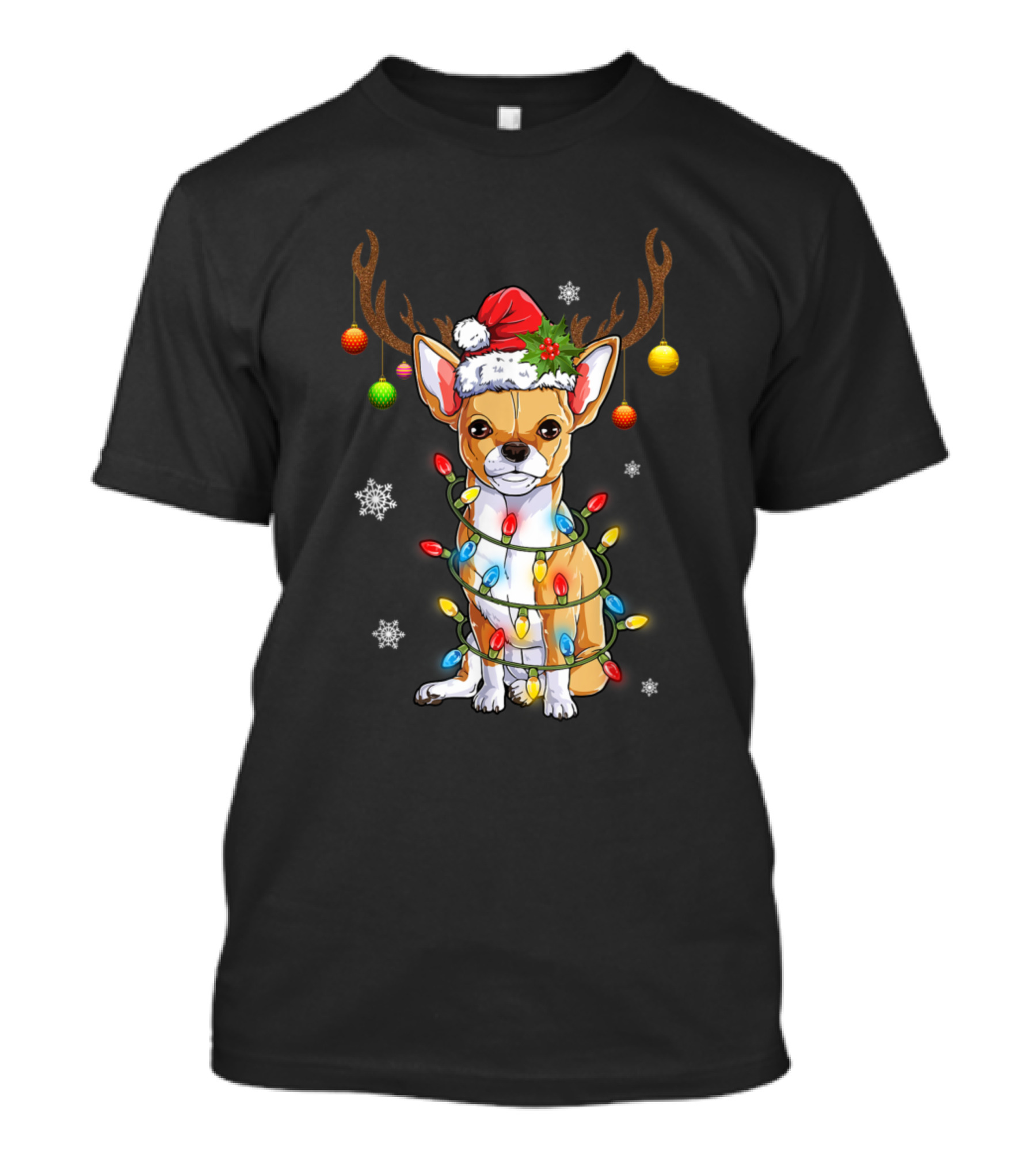 Chihuahua Reindeer Christmas Lights Santa Hat Snowflakes T-Shirt