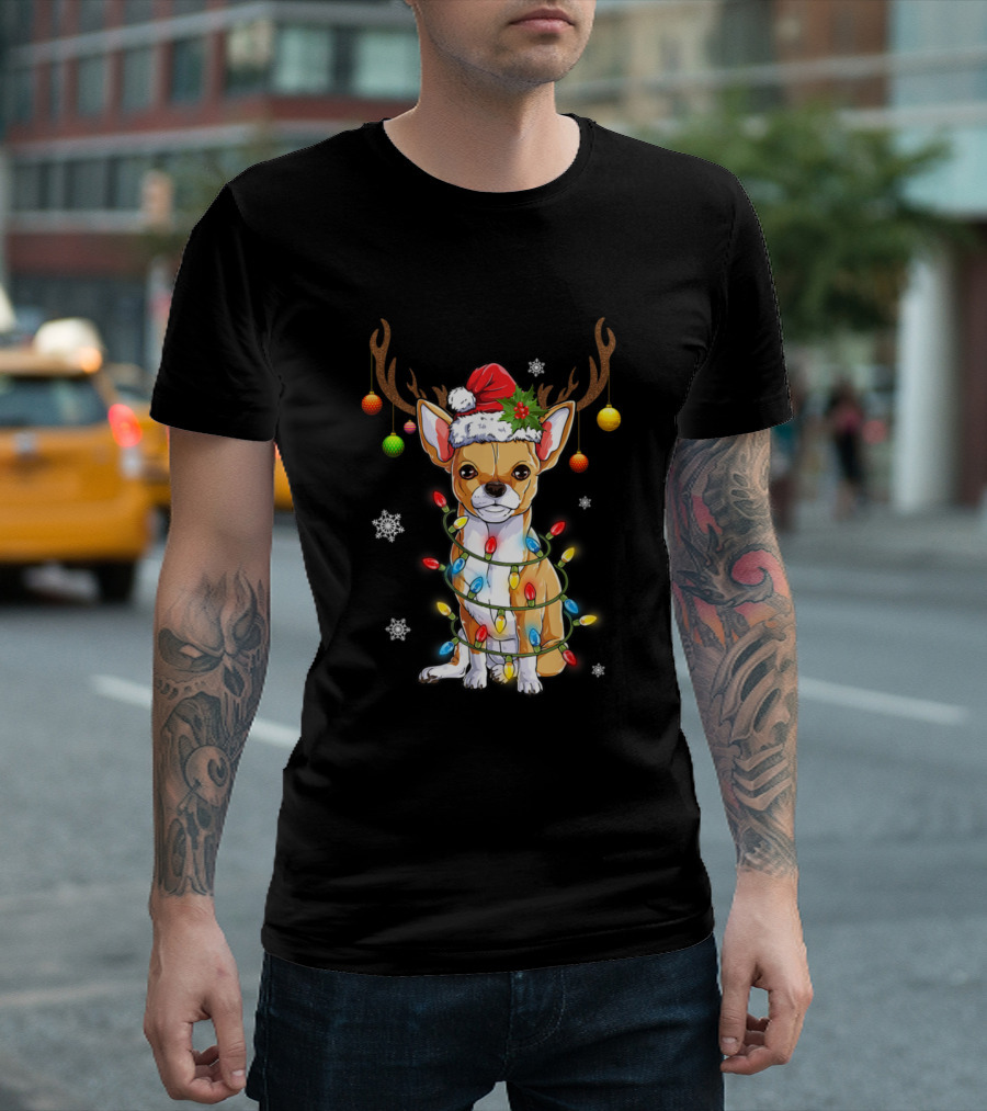 Chihuahua Reindeer Christmas Lights Santa Hat Snowflakes T-Shirt