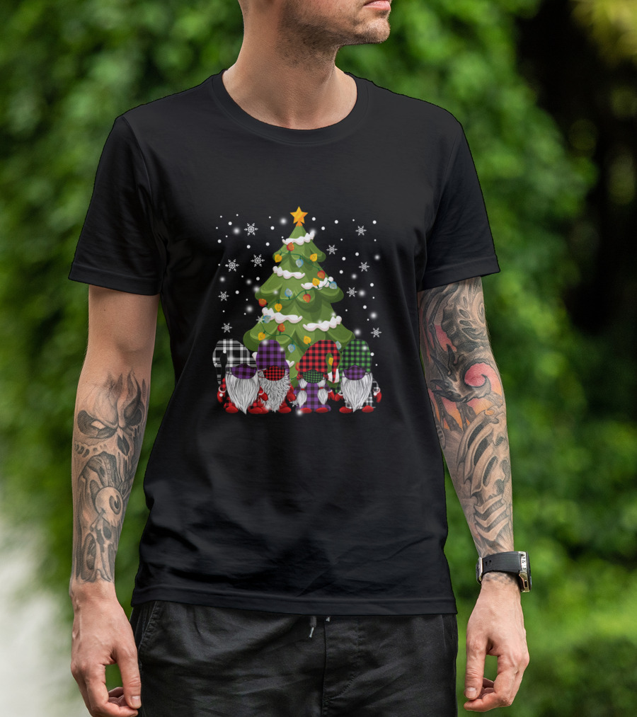Gnomes In Mask Buffalo Plaid Christmas Tree Matching T-Shirt