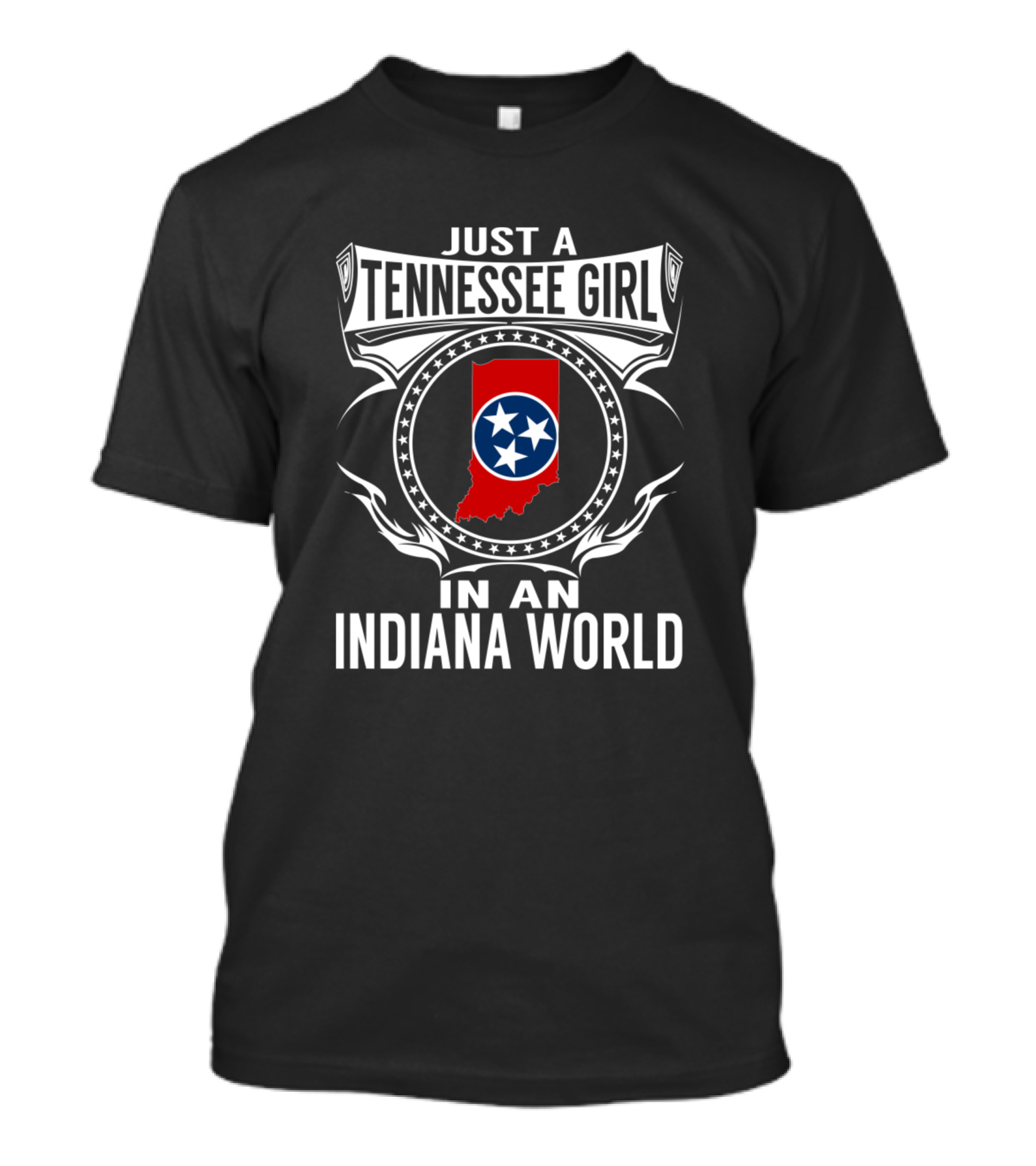 Just A Tennessee Girl In An Indiana World With State Shape And Stars T-Shirt